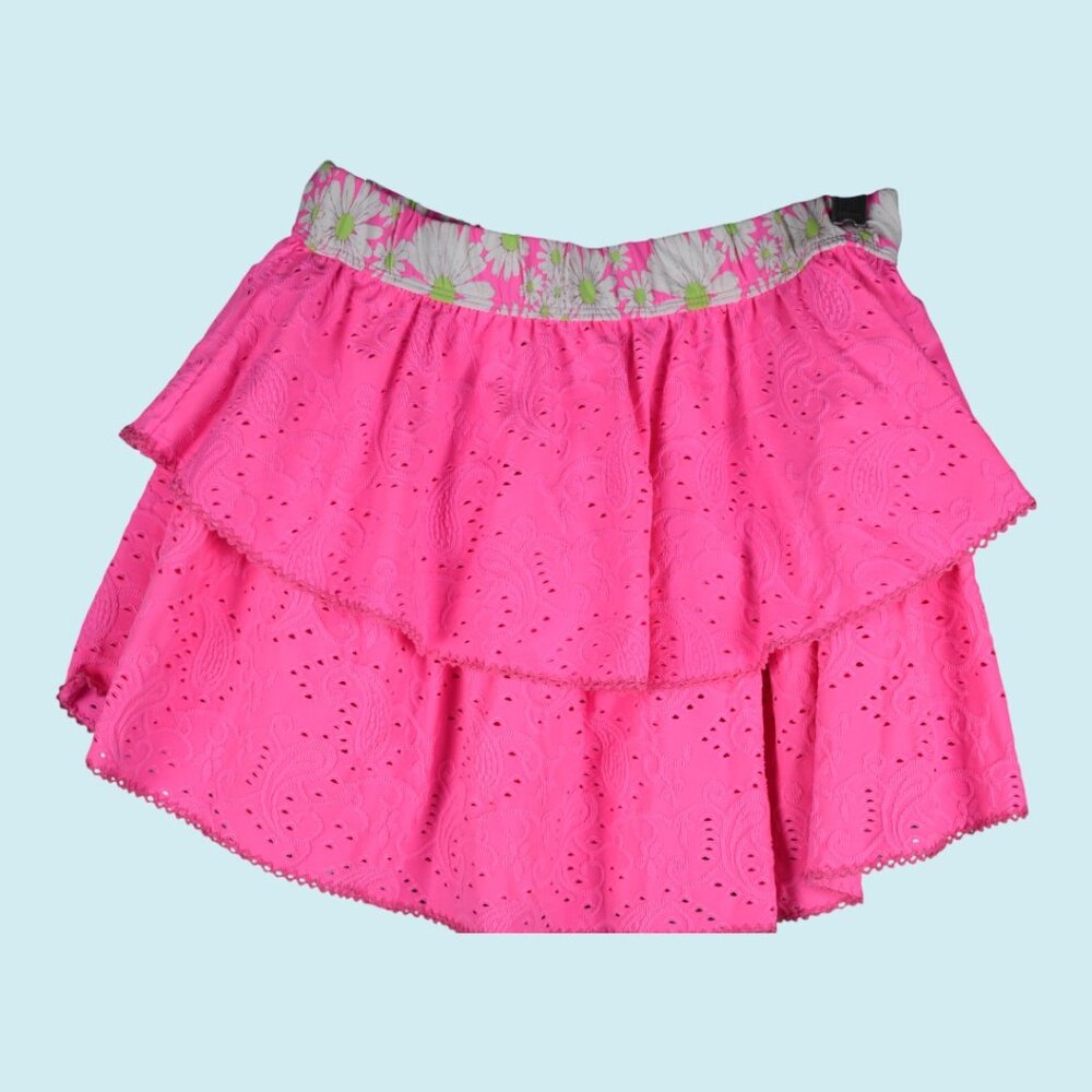LoveShackFancy x Hurley Skirt Size XS Pink Mini Tiered Ruffle Eyelet Paisley - Picture 11 of 14